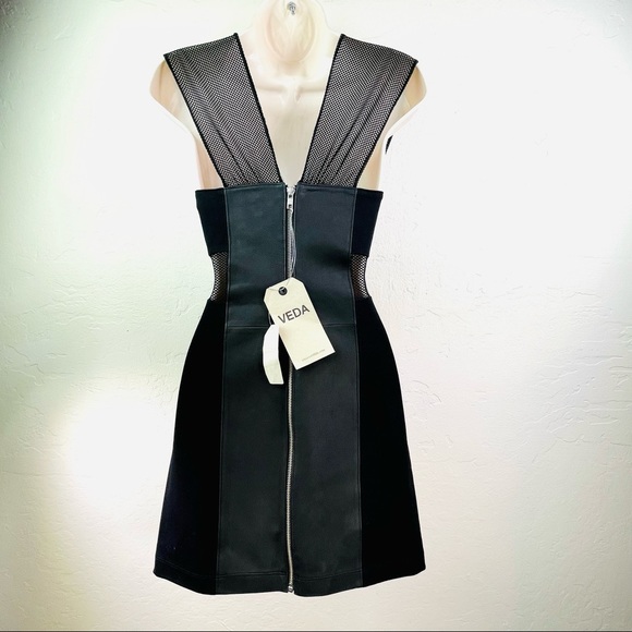 VEDA Tailored Sheath Dress Black Leather Stretch V Neck W/ Sheer Mesh S New - Picture 2 of 10